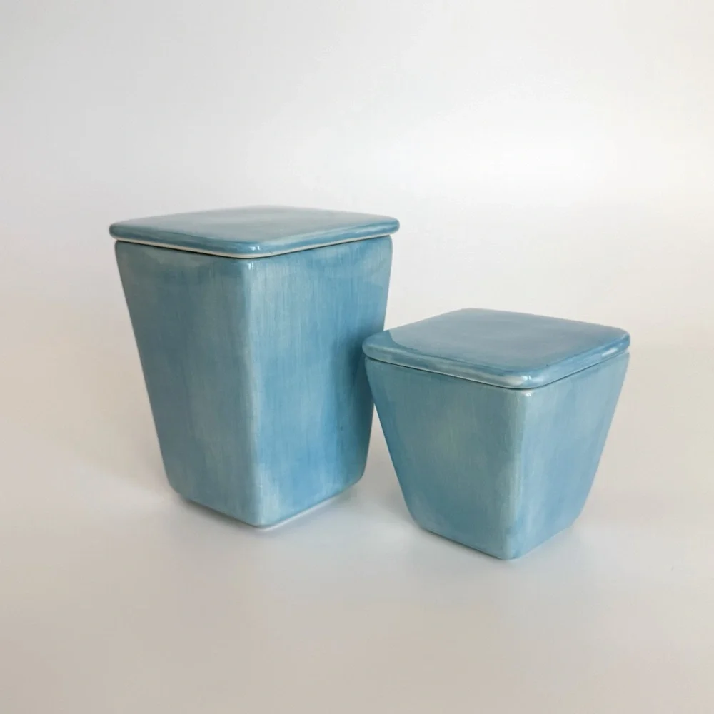 Pottery Barn Ceramic Canister Aqua Blue Vanity Jar Storage Container Set Of 2